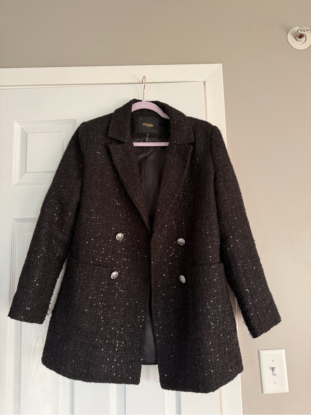 Maje Black Shimmer Tweed Long Blazer Jacket